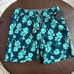 BOGO NWT Mens Hurley Swim Shorts SzL Navy with Turquoise Pattern/Comfort Liner